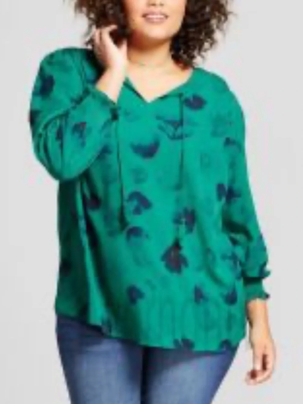 Ava & Viv Teal Floral V-Neck Tassel Blouse